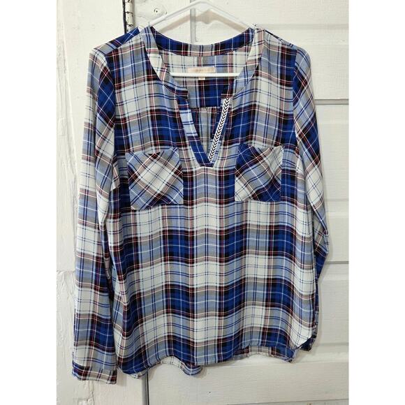 Skies Are Blue Plaid Silky Blouse Woman's Size Medium - Picture 3 of 7